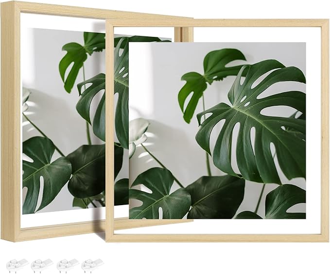 Egofine 12x12 Floating Frames Set of 2, Double Plexiglass Picture Frame, Made of Solid Wood Display Any Size Photo up to 12x12, Wall Mount or Tabletop Standing,Natural Wood