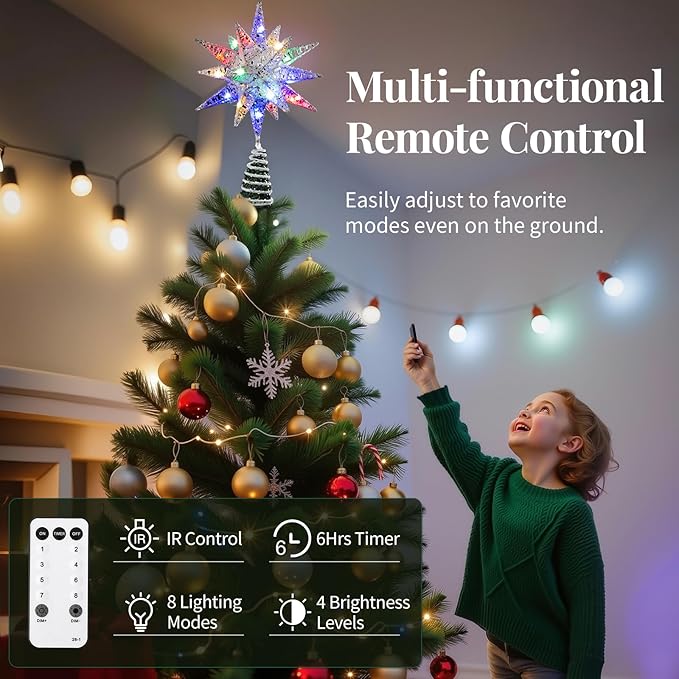 Lewondr Christmas Tree Topper, Plug in 3D Starburst Xmas Lighted Star Tree Topper, Remote Control & Timer Light Up Vintage Moravian Tree Topper for Christmas Decoraiton, Colorful Light, Silver White
