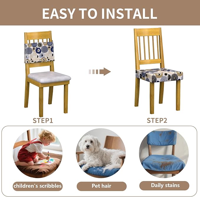 Stretch Dining Chair Seat Covers Set of 6,Dining Chair Slipcovers, Floral Printed Chair Covers,Soft Fabric Washable Upholstered Chair Seat Protector, No Rear Covers for Home Kitchen Dining Room