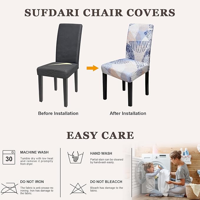 Sufdari Dining Chair Covers,Kitchen Chair Cover,Parsons Chair Slipcover,Spandex Chair Protectors for Dining Room Stretch Chairs Cover Set of 8 -Chinoiserie