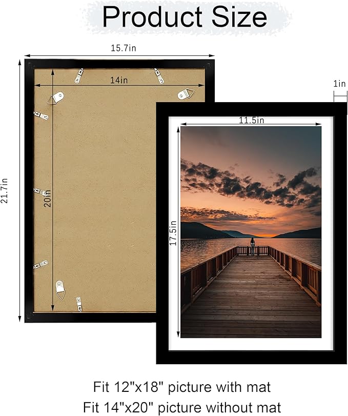 14x20 Poster Frame Set of 2, 14 x 20 Wood Picture Frames with Mat for 12x18, Wooden Photo Frame with Tempered Glass Cover for Wall Mounting Display, Black