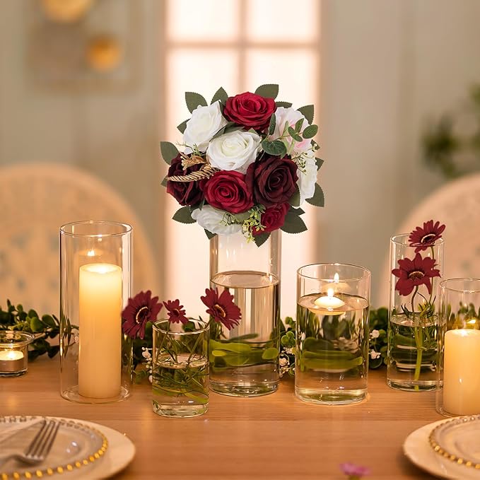 BLOSMON Artificial Flowers Ball Wedding Centerpieces 6 Pcs Burgundy Rose Artificial Flower Center Pieces Decoration for Table Silk Kissing Ball Faux Floral Bouquet Arrangements Home Party DIY Decor