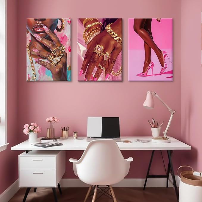 Black Girl Wall Art Pink African Woman Canvas Wall Decor Black Women People Art Fashion Poster African American Girl Pictures Pink Painting Artwork for Living Room Bedroom 12x16x3 Inch Ready to Hang