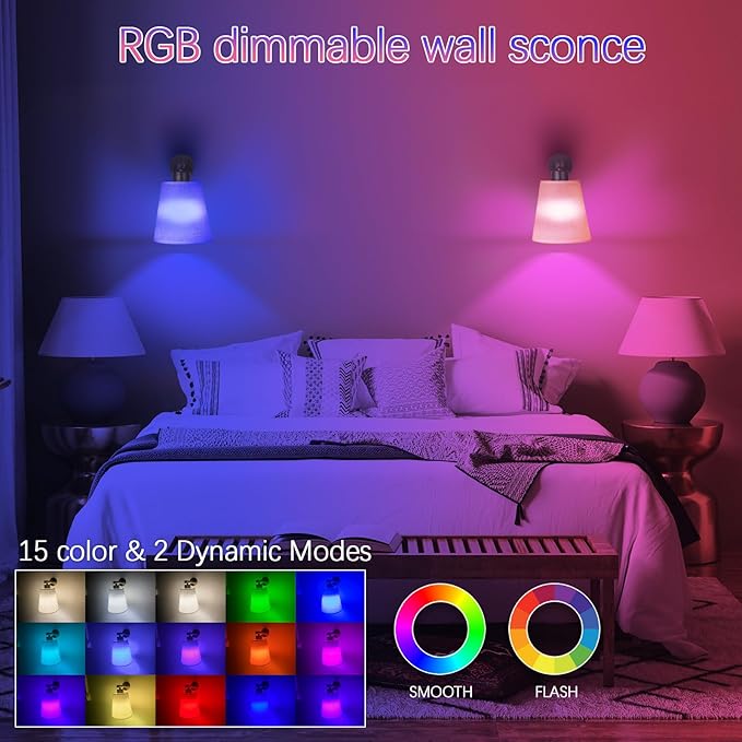 Battery Operated Wall Sconce Set of 2,Gold Rechargeable Wall Lights with Lampshade Dimmable RGB Bulbs and Remote,15 Colors Wireless Wall Lamps for Bedroom Living Room (Black-3P)