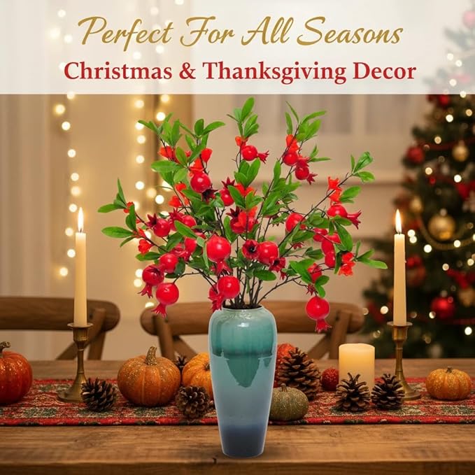 4-Piece Set of 37 Inch Artificial Pomegranate Berry Stems - Realistic Fake Red Rosehip Branches, Silk Autumn Wedding Center Decorations, Farmhouse Kitchen Home Parties