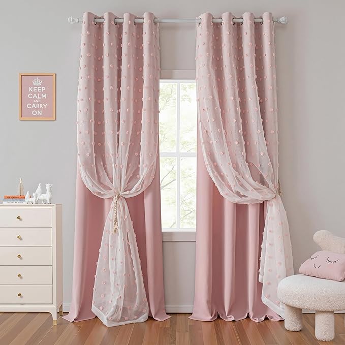 MYSKY HOME Pink Curtains for Girls Room 84 Inches Long 2 Panels Girls Curtains wiht Pink Pom Pom Sheer Blackout Nursery Curtain Room Darkening 2 Layered Window Drapes for Toddler Grommet, 52 x 84 Inch