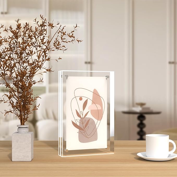 ILYXY 5 Pack Acrylic Frame 6x8, 20% Thicker, 24mm Thick Frameless Clear Picture Frame, Double Sided Magnetic Photo Frame, Free Standing Desktop Display Stand Acrylic Picture Frames
