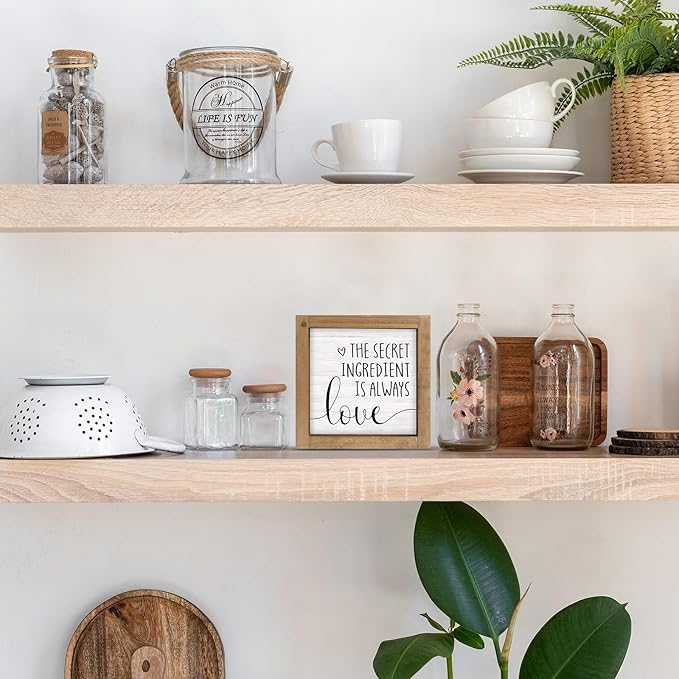 6 Inch Kitchen Sign Decor, Rustic Wooden The Secret Ingredient Is Love Sign, Kitchen Decor for Counter Table Shelf Desk Farmhouse Indoor