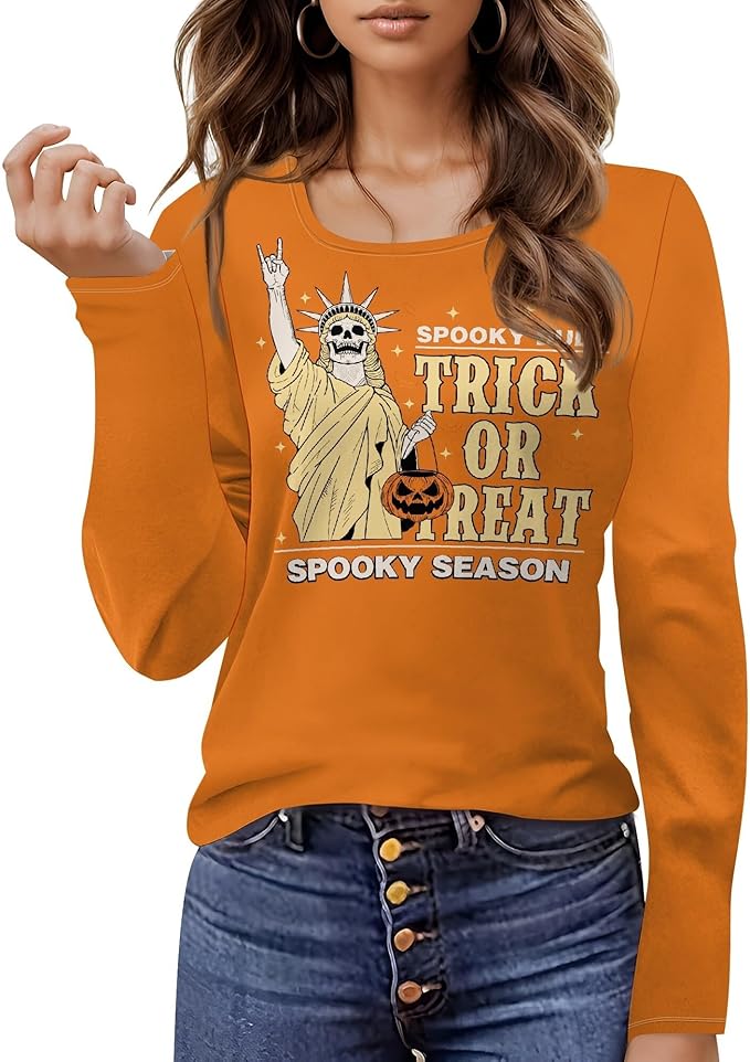 Halloween Sweatshirt Ghost Graphic U-Neck Sweatshirt Long Sleeve Breathable Plus Size Halloween Pullover Best Gift