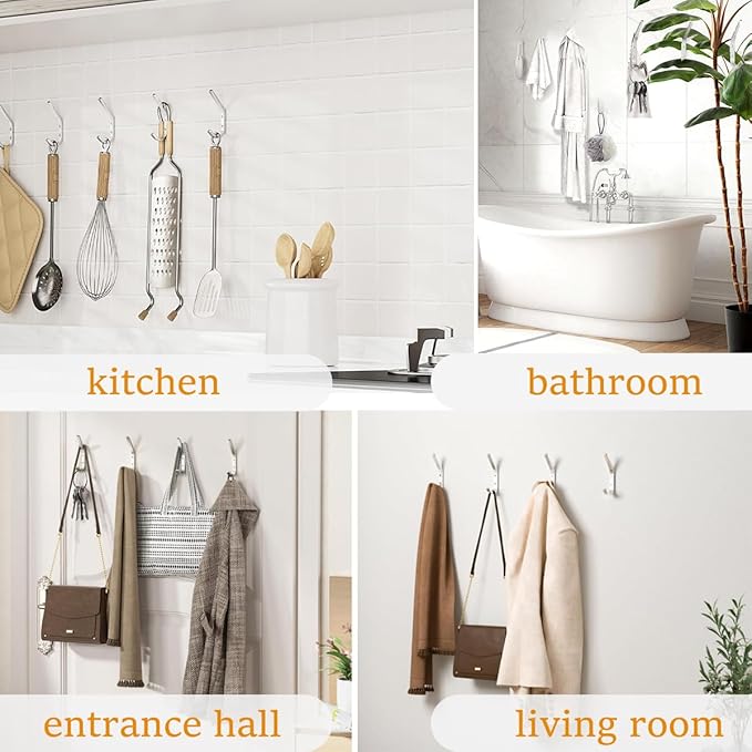 Wall Hooks for Hanging Coats - 5 Pack Double Hook Design, Hat Organizers, Wall Mount Hangers for Bags and Keys, Perfect for Garage, Workshop, Entryway, Closet, and DIY Projects (Silver)