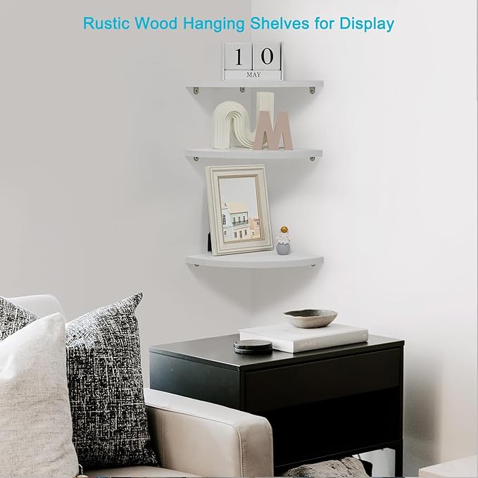 Joiishom Corner Wall Shelf Set of 3, Floating Corner Shelves for Wall, Rustic Wood Wall Storage Display Shelves for Living Room Bedroom Bathroom Kitchen (Round Edge-White)
