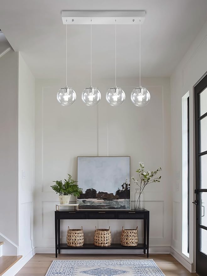 Modern Kitchen Island Lighting Linear Chandeliers for Dining Room 4-Light Glass Globe Hanging Pendant Light for Living Room Hallway Bedroom