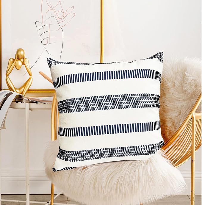 Decorative Throw Pillow Covers Set of 2 Blue Boho Striped Pillow Covers 16x16 Inch Throw Pillow Cover Linen Pillowcase Farmhouse Outdoor Pillow Covers for Couch Sofa Bed Living Room