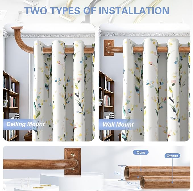 Boho Wrap Around Curtain Rod for Windows 72 to 144Inch:Heavy Duty Blackout Curtain Rod Room Darkening,1"Wood Wraparound Curtains Rods Curved Black Out Adjustable for Bedroom Kitchen（All Matel）