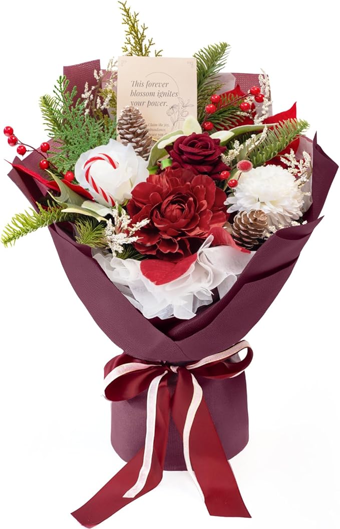 TINGE TIME Preserved Flowers Bouquet, Christmas Faux Rose Bouquets, Artificial Flowers Poinsettia Faux Flowers, for Christmas Centerpiece Table Home Holiday Party