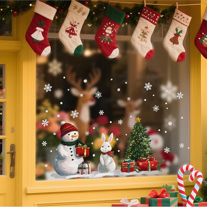 Christmas Snowman and Rabbit Wall Decals Stickers — Winter Scene with Gift Boxes and Christmas Tree Removable Vinyl Wall Decor for Living Room, Bedroom, Office, Holiday Decoration