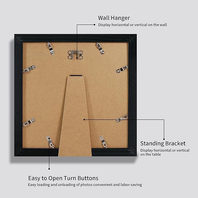 iRahmen 10x10 Picture Frame Set of 4 with HD Glass, Black Frames Display 8x8 Picture with Mat or 10 x 10 Without Mat, Wooden Photo Frames for Tabletop Display and Wall Mounting