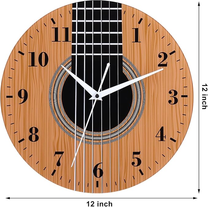 12 Inch Music Themed Wall Clock with Wooden Guitar Dial, Silent Clock Movement and Battery Operated, Great Decor for Music Room, Bedroom and Nice Gifts for Guitar Lover and Musicians