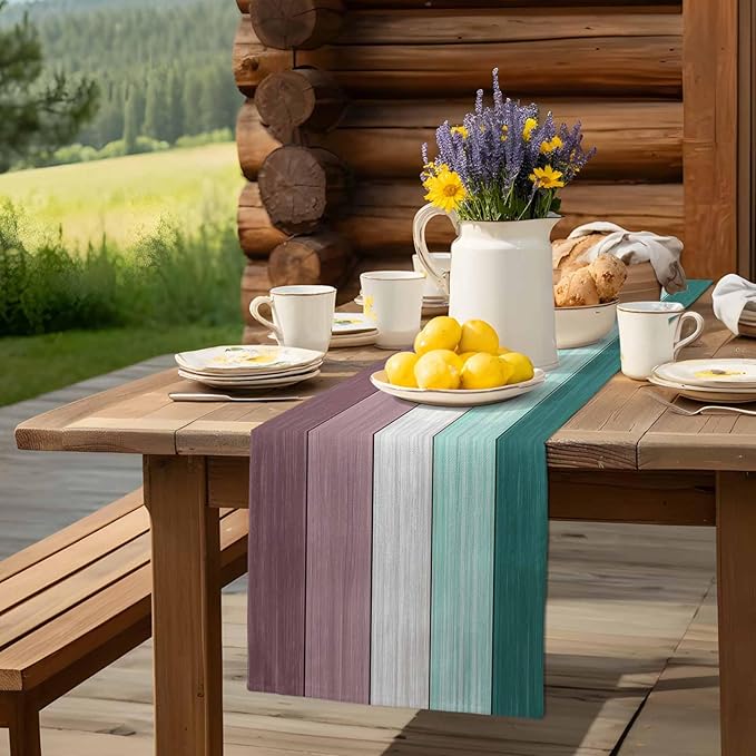 Aqua Green Purple Summer Table Runner, Nautical Coastal Beach Farmhouse Cotton Linen Holiday Table Decor for Home,Kitchen,Dining Room,Indoor,Outdoor,18X72 Inches Long, Retro Rustic Barn Wood Texture