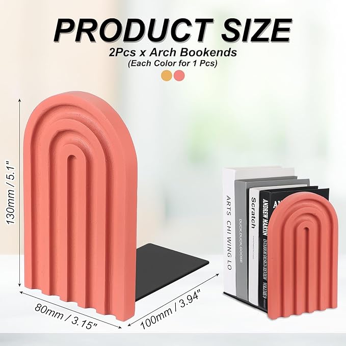PATIKIL 2Pcs Boho Arch Bookends, Non-Skid Wood Book Ends Rainbow Wooden for Shelves Book Stopper Stand Cute for Holding Books Movie CD Home Office Library Decorative, Light Orange/Red
