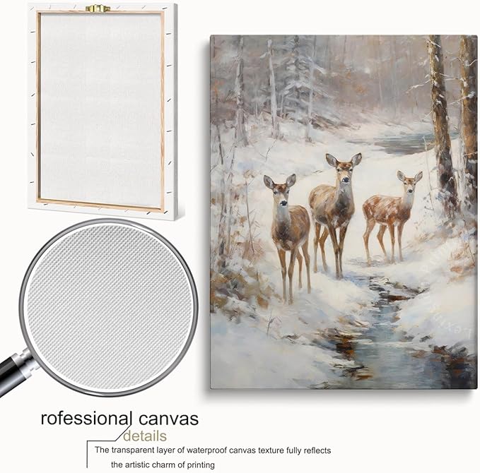 Christmas Tree Deer Decor,Snowy Forest Wall Art,Deer Painting,Deer in Snow Poster,Christmas Wall Art,Rustic Vintage Christmas Decor,Nature Wall Art,Winter Seasonal Decor16x24inch Framed Art