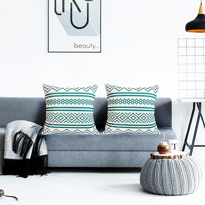 Decorative Throw Pillow Covers Set of 2 Teal Blue Boho Pillow Covers 18x18 Inch Throw Pillow Cover Linen Pillowcase Modern Farmhouse Outdoor Pillow Covers for Couch Sofa Bed Living Room