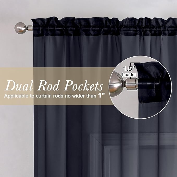 Lecloud Black Sheer Curtains 84 Inches Long 2 Panels, Balance Light & Privacy Bedroom Living Room Dining Room Window Treatments, Solid Voile Curtain Drapes with Dual Rod Pocket, 59" W x 84" L