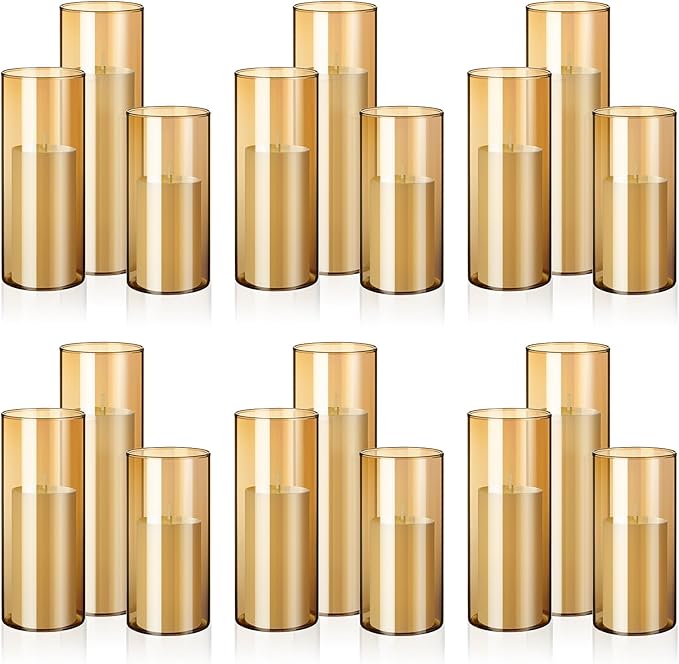 Shihanee 36 Pcs Pillar Candles and Glass Cylinder Vases Tall Cylinder Holders for Pillar Candles Wedding Centerpieces, Total 18 Sets(2.6'' X 4.7'', 5.9'', 7.9'',Amble,Ivory White)