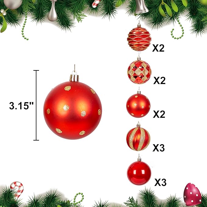 12ct 80mm/3.15" Christmas Ball Ornaments, Decorative Hanging Baubles, Christmas Tree Decoration, Plastic and Shatterproof, Ideal for Xmas, Holiday, Home and Party Decor, Red