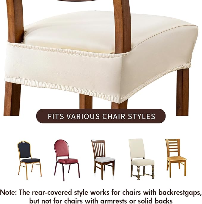 Waterproof Seat Covers for Dining Room Chairs Set of 6 - PU Leather Removable Washable Chair Seat Slipcovers, Rear Covers (Beige)
