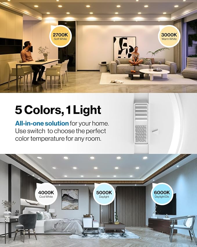 Sunco 4 Inch LED Flat Recessed Light, Retrofit Ceiling Can Lighting, 800 LM, Selectable CCT 2700K/3000K/4000K/5000K, Dimmable, 10W=60W, 50,000 Lifetime Hours UL 4 Pack.