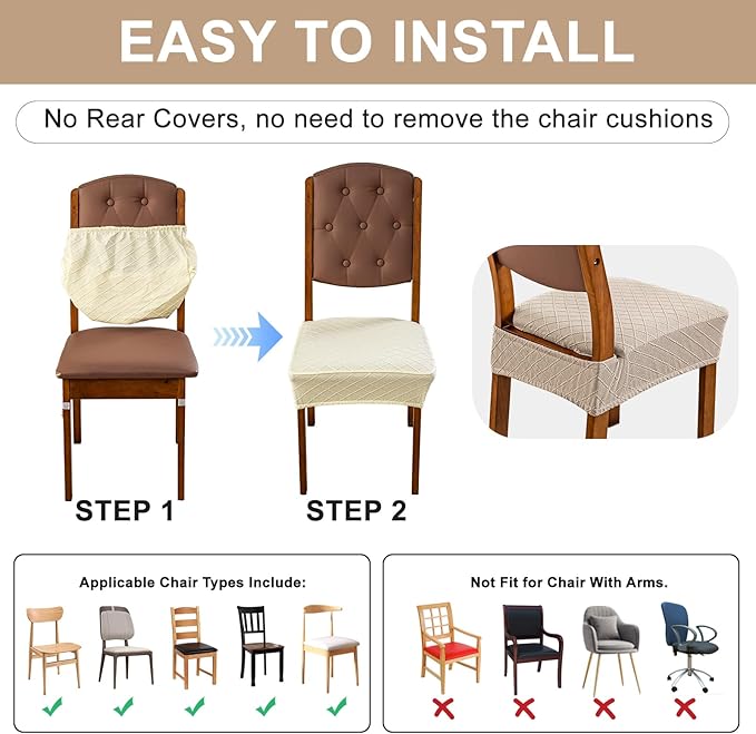 Genina Waterproof Seat Covers for Dining Room Chairs Covers Dining Chair Slipcovers Protector, No Rear Covers (Khaki, 6 Pcs)