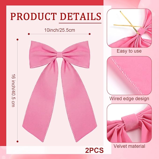 Riceshoot 2 Pcs 10 x 16 Inch Large Bows Valentine's Day Tree Decorations Velvet Ribbon Tree Topper Velvet Wreath Bows with Wired Edge for Valentines Home Fireplace Indoor Outdoor Decor (Pink)