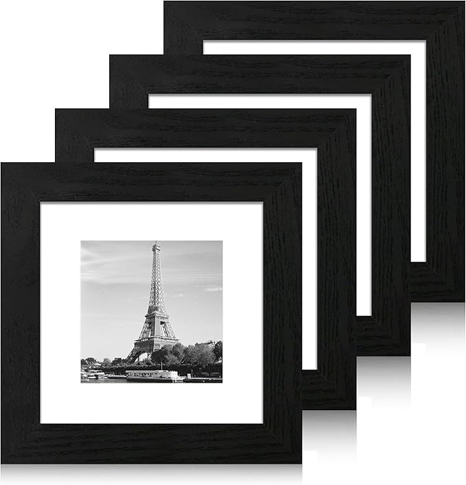 iRahmen 6x6 Picture Frame Set of 4 with High Definition Glass, Black Frames Display 4x4 Picture with Mat or 6 x 6 Without Mat, Square Wood Photo Frame for Wall Mount and Tabletop Display