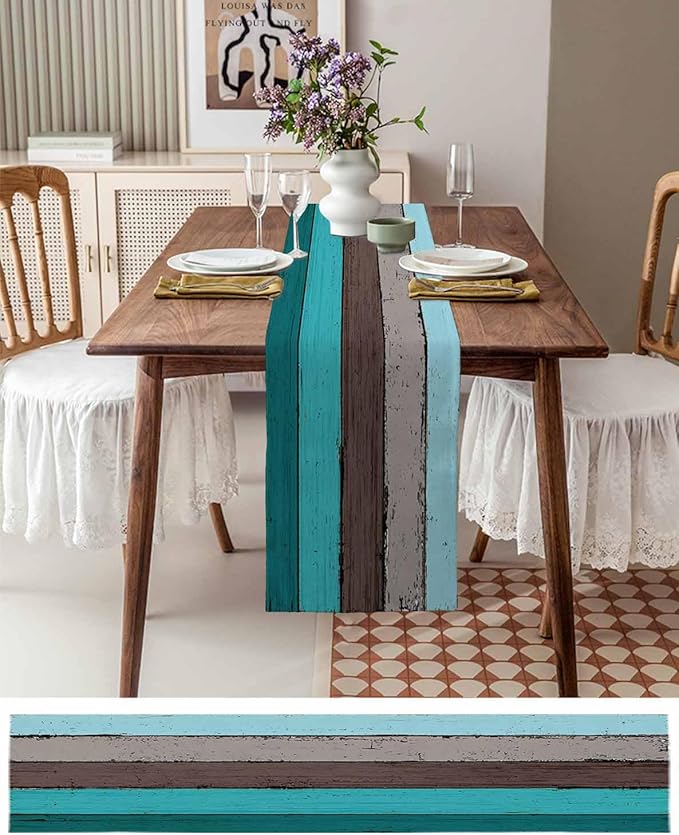 Table Runners 13X120 Inches Extra Long, Ombre Peacock Blue Gray ,Cotton Linen Farmhouse Retro Rustic Barn Wood Texture Tablecloths Non-Slip Party Table Decorations for Kitchen ,Home ,Dining ,Outdoor,