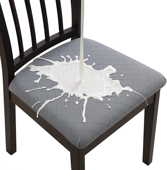 Fuloon Waterproof Seat Cushion Covers 6 PCS, Stretch Jacquard Chair Seat Covers Washable Dining Room Seat Slipcovers Removable Kitchen Chair Protector (6, Waterproof-Light Grey)