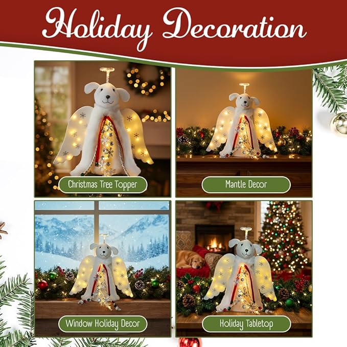iHeartDogs Christmas Tree Topper Decoration - The Original Dog ‘Christmas Miracle’ Angel Dog Tree Topper LED Lighted Halo, Snowflake Garland & Wings Decor Ornament, Holiday Decoration