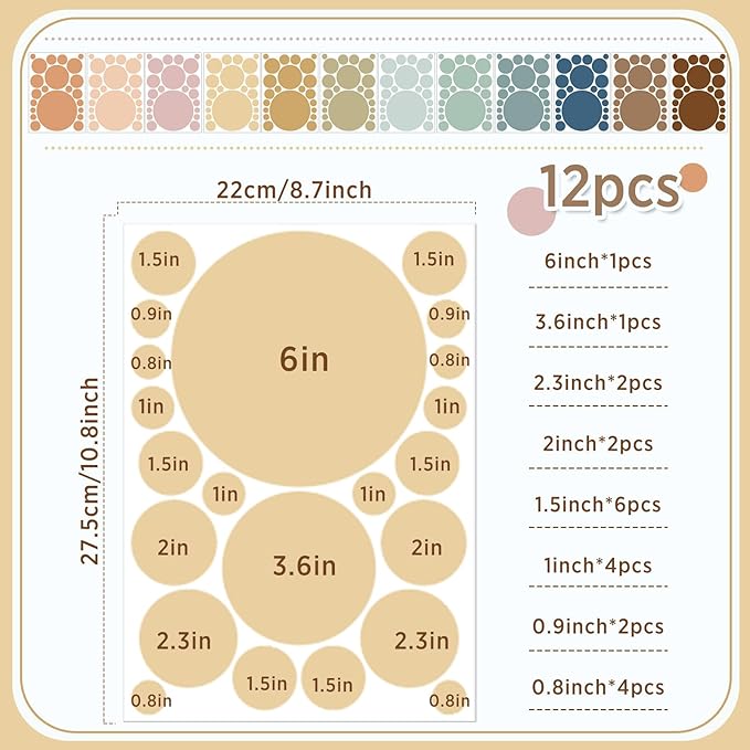 Zonon 264 Pcs Polka Dot Wall Decals for Classroom Decor Kids Circle Wall Sticker Vinyl Peel and Stick Colorful Removable for Nursery Bedroom Playroom Living Room(Boho Color)