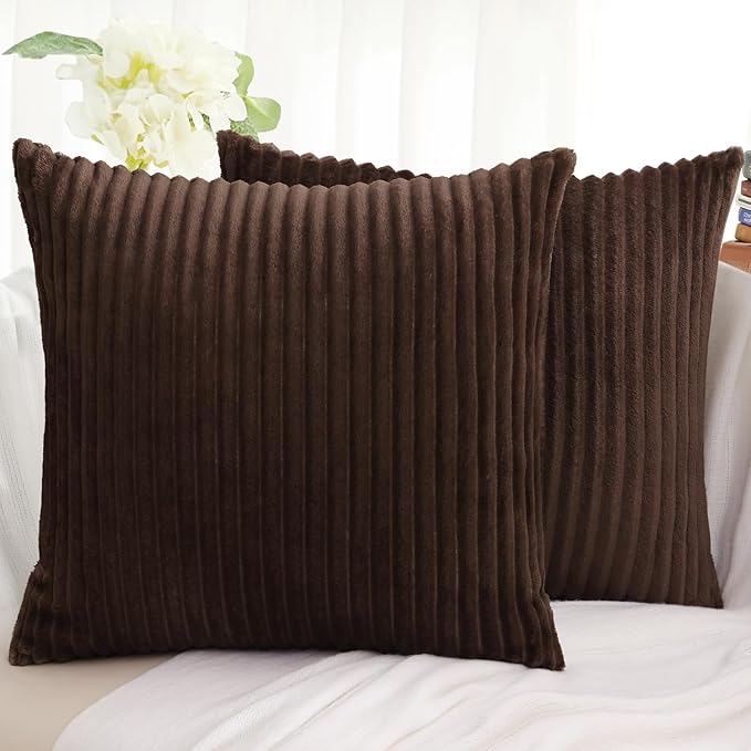 Simmore Decorative Christmas Throw Pillow Covers 24x24 Set of 2, Soft Natural Plush Flannel Double-Sided Fluffy Couch Pillow Covers for Sofa Living Room, Brown
