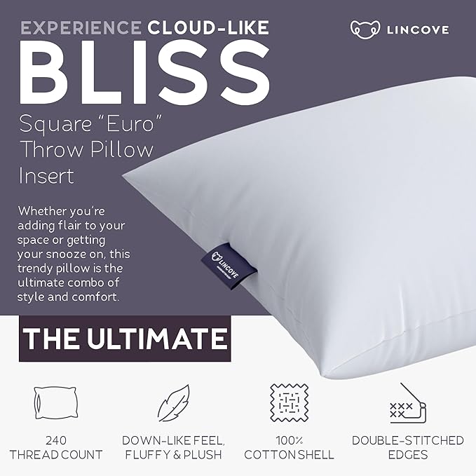 Lincove Euro Throw Pillow Insert Square 12"x20" Pillow – Made in Canada, 100% Cotton Shell, Down Alternative Filling, Vegan-Friendly, Hypoallergenic - Decorative Couch Pillows, 2 Pack