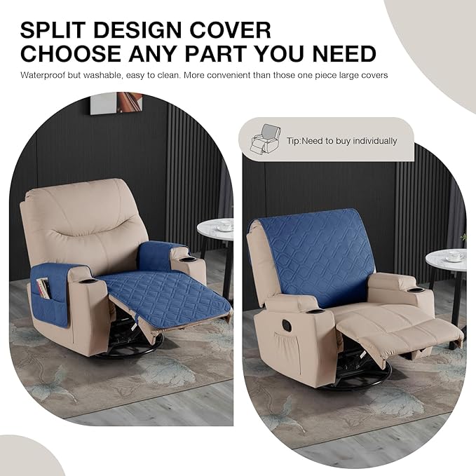VANSOFY Recliner Chair Covers 100% Waterproof Seat Cover with Arm Reclining Cover Non-Slip Recliner Chair Covers Furniture Protector Washable Slipcover with Pocket for Pets, Dogs(Ocean Blue, 28")