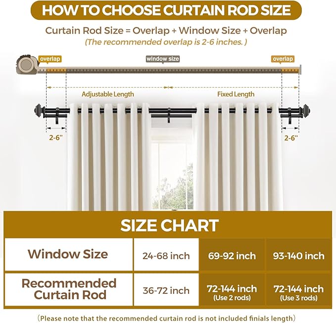 KAMANINA 1 Inch Double Curtain Rod 72 to 144 Inches (6-12 Feet) Telescoping Black Curtain Rods for Windows 69 to 140 Inches, Heavy Duty Drapery Rods with Square Finials