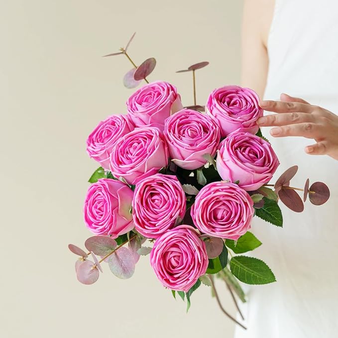 5Pcs Rose Real Touch Artificial Silk Flowers with Stems - Lifelike Latex Austin Rose Peony for Wedding Bouquets, Home Decor, DIY Floral Arrangements
