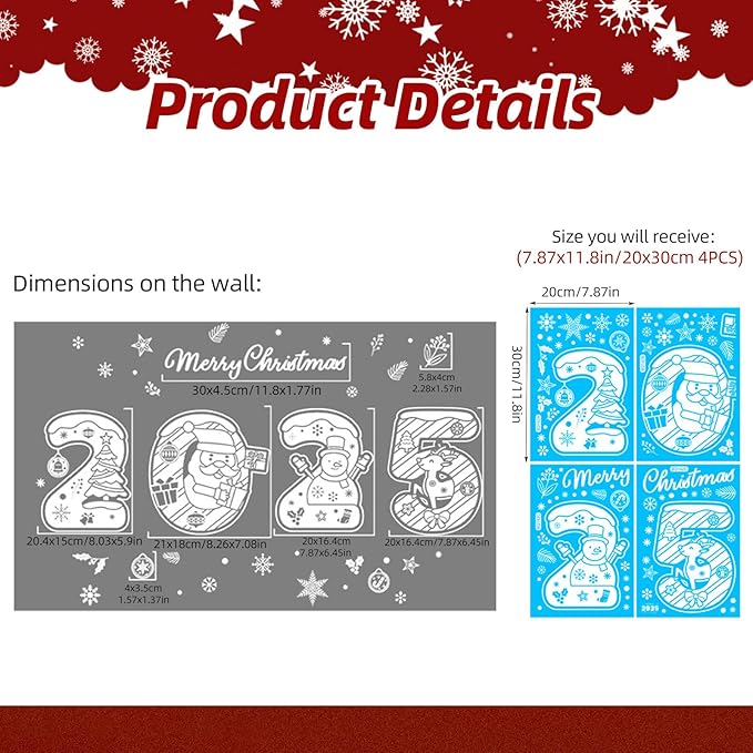 4 Sheets Christmas Window Clings Stickers 2025 DIY Christmas Snowman Snowflake Window Decals Decorations Indoor Winter Cartoon Clings DIY Stickers for New Year Home Kitchen Decoration Gift
