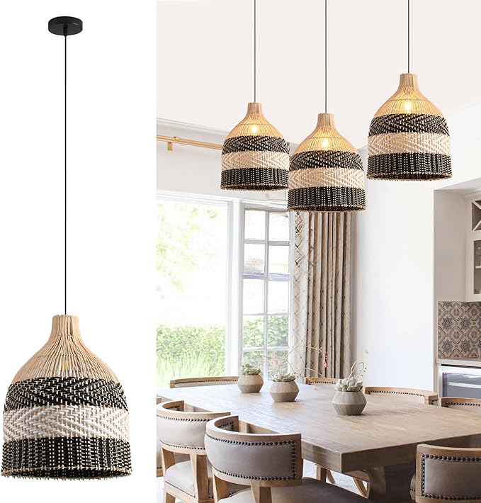 Rattan Pendant Light 1-Pack Black White Faux Rattan Basket Chandelier 11.8" Boho Handmade Woven Oval Wicker Hanging Light Fixture for Public Place Dining Living Bedroom Kitchen