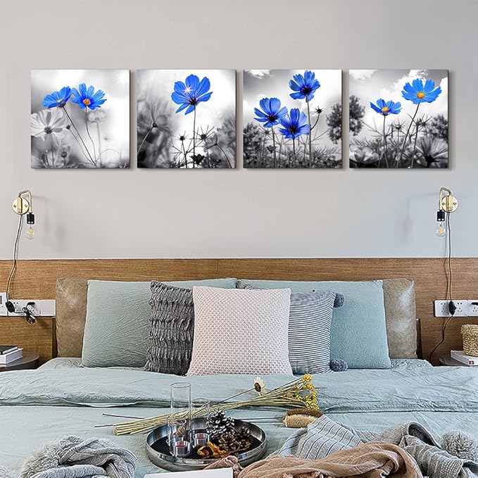 Canvas wall art for kitchen Simple Life Black and white landscape cyan blue flowers wall Decor for bedroom Artwork 12" x 12" 4 Pieces Framed Canvas Prints Ready to Hang or living room Home Decoration