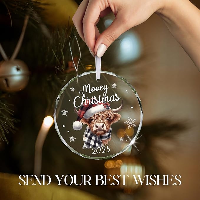 Christmas Ornaments 2025, Highland Cow Ornament for Christmas Tree Rustic Farmhouse Mooey Decorations Western Holiday Decor for Women Bestie Cow Lovers, Glass Christmas Tree Decorations