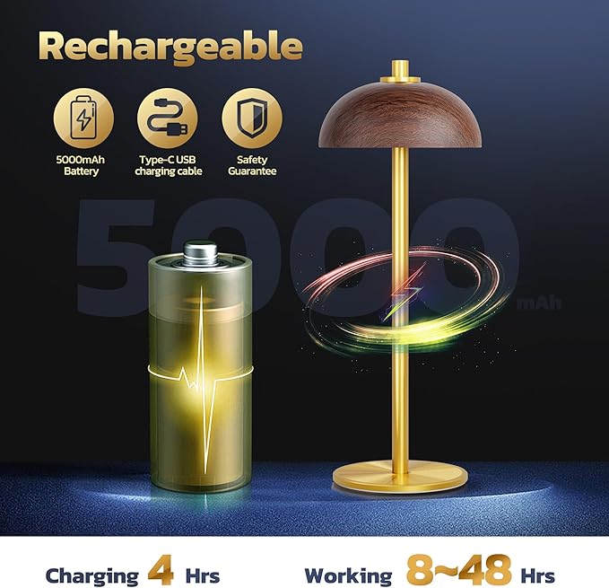 Rechargeable Cordless Table Lamp - 5000mAh Battery Powered Lamp, 3 Color Modes Stepless Dimming LED Table Light with Memory Function for Indoor, Outdoor, Dinner, Patio, Cafe.(Wood Grain)