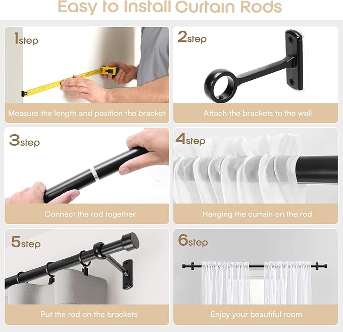 Matte Black Curtain Rods for Windows 32-240 Inches (2.5-20 Ft) Adjustable Heavy Duty Drapery Rod - 1 Inch Diameter Extra Long Black Steel Curtain Rods