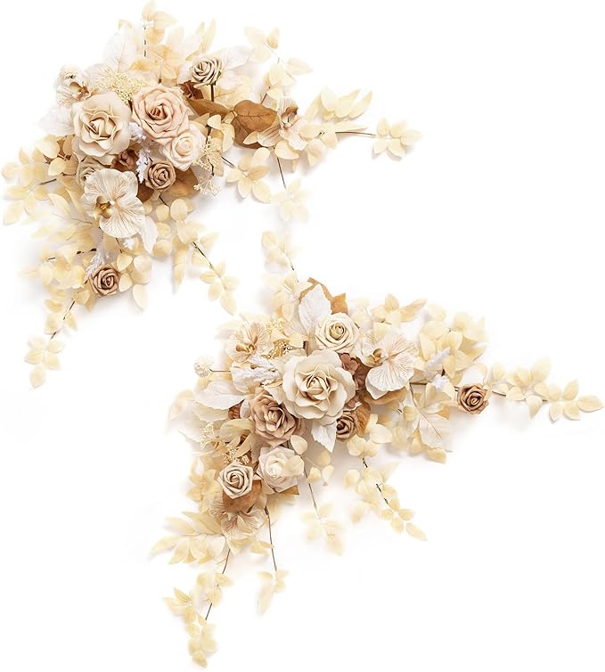 Ling's moment 2PCS White & Beige Artificial Flower Garland Floral Swags Table Centerpieces Wedding Decoration Rose Garlands Greenery Arrangements for Sweetheart/Head Table Decor